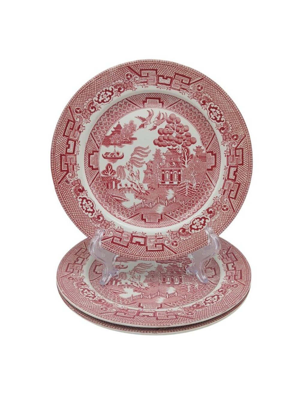 Allertons Willow Pink Luncheon Plates Set 3 English Transferware 8 7/8"